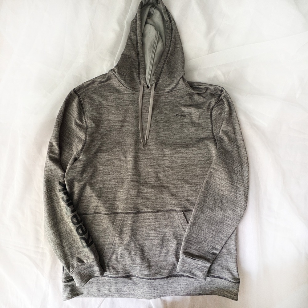 Reebok Mens XL Gray Heather Pullover Hoodie Sleeve Logo Print Athletic